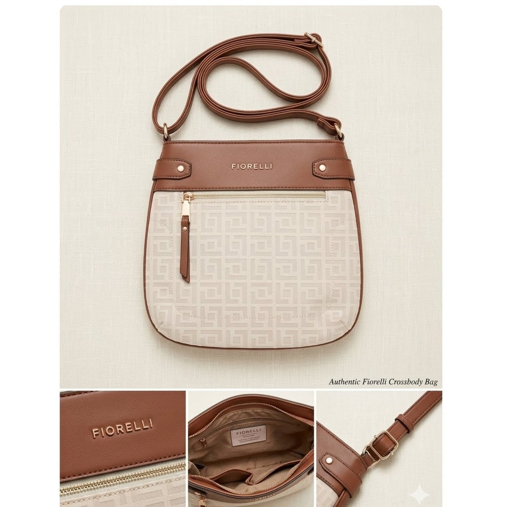 Fiorelli Crossbody Bag Brown Cream Monogram Faux Leather Adjustable Strap Purse
